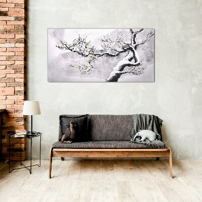 A blooming branch in a monochromatic tone Glass Wall Art
