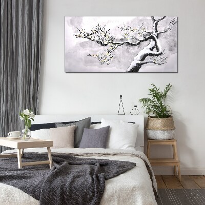 A blooming branch in a monochromatic tone Glass Wall Art