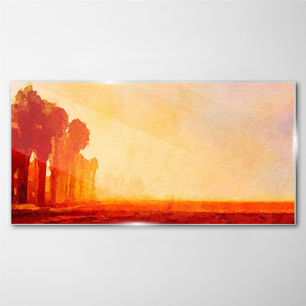 Sunset behind the palm trees Glass Wall Art