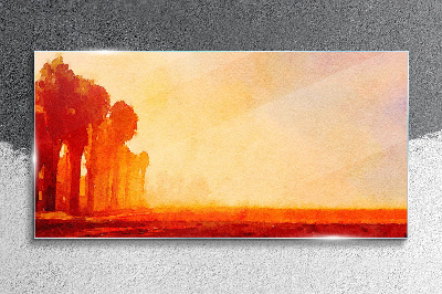 Sunset behind the palm trees Glass Wall Art