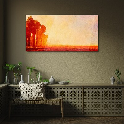 Sunset behind the palm trees Glass Wall Art