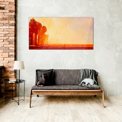 Sunset behind the palm trees Glass Wall Art