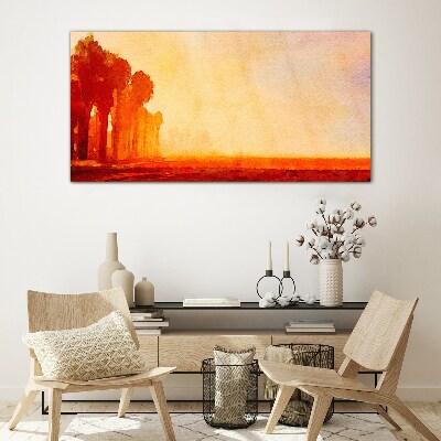 Sunset behind the palm trees Glass Wall Art