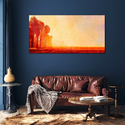 Sunset behind the palm trees Glass Wall Art