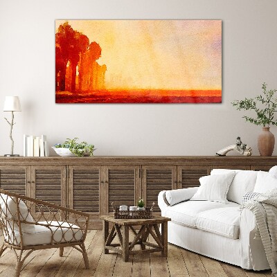 Sunset behind the palm trees Glass Wall Art
