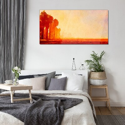 Sunset behind the palm trees Glass Wall Art