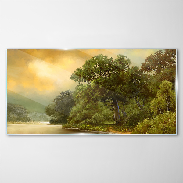 Golden light over a calm river Glass Wall Art