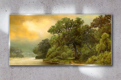 Golden light over a calm river Glass Wall Art