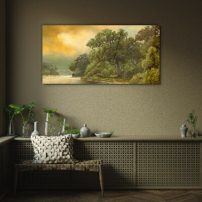 Golden light over a calm river Glass Wall Art