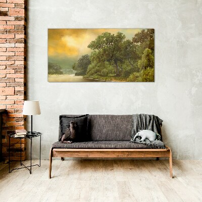 Golden light over a calm river Glass Wall Art
