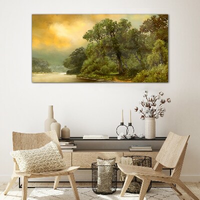 Golden light over a calm river Glass Wall Art