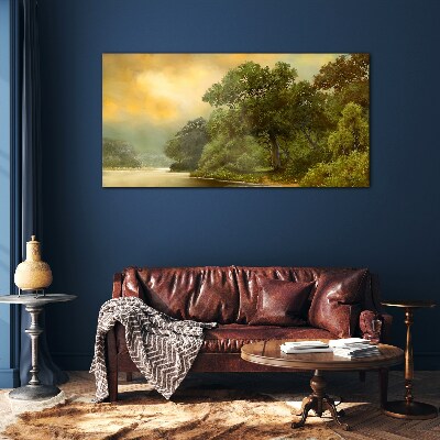 Golden light over a calm river Glass Wall Art
