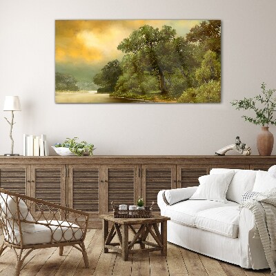 Golden light over a calm river Glass Wall Art