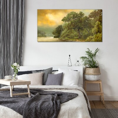 Golden light over a calm river Glass Wall Art