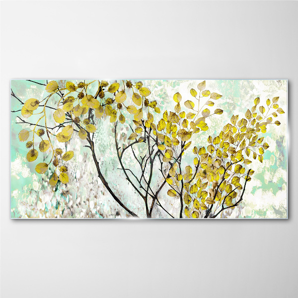 Spring leaves against the blue background Glass Wall Art
