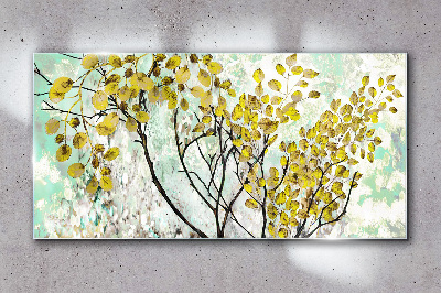 Spring leaves against the blue background Glass Wall Art