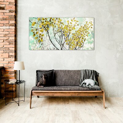 Spring leaves against the blue background Glass Wall Art