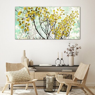Spring leaves against the blue background Glass Wall Art