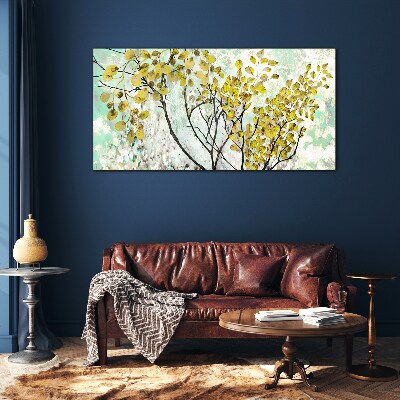 Spring leaves against the blue background Glass Wall Art