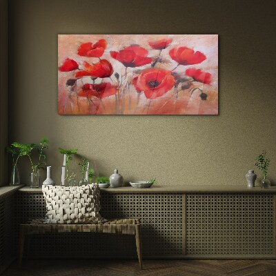 Red poppies on a pastel background Glass Wall Art