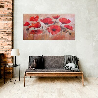 Red poppies on a pastel background Glass Wall Art