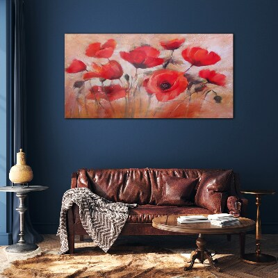 Red poppies on a pastel background Glass Wall Art