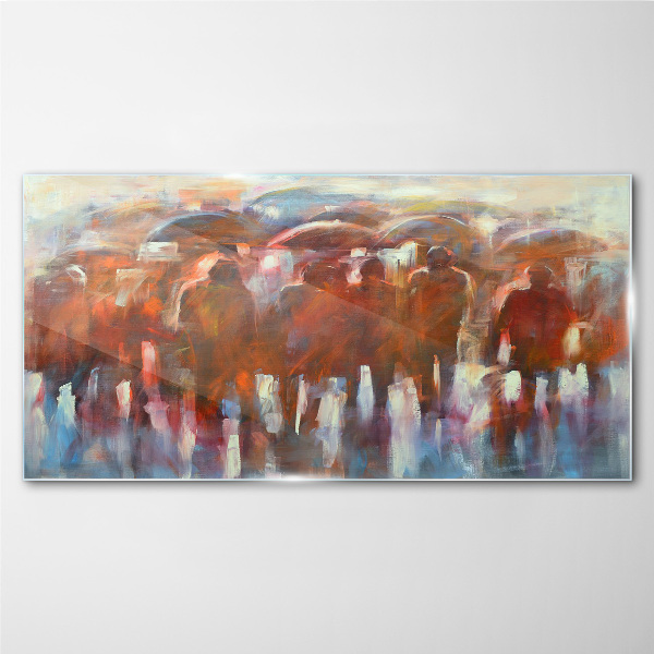 Rainy scene with umbrellas Glass Wall Art
