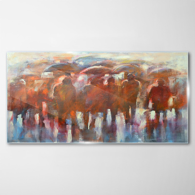 Rainy scene with umbrellas Glass Wall Art