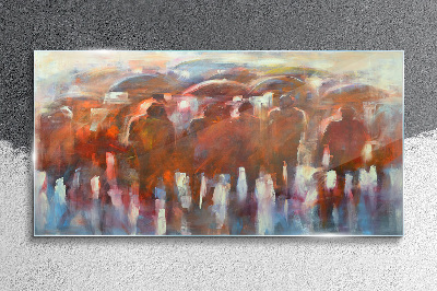 Rainy scene with umbrellas Glass Wall Art