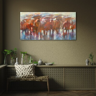 Rainy scene with umbrellas Glass Wall Art