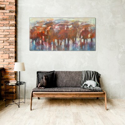 Rainy scene with umbrellas Glass Wall Art