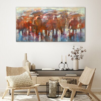 Rainy scene with umbrellas Glass Wall Art