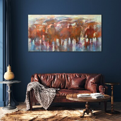 Rainy scene with umbrellas Glass Wall Art