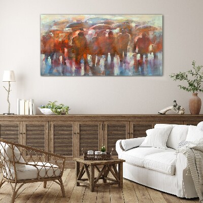 Rainy scene with umbrellas Glass Wall Art