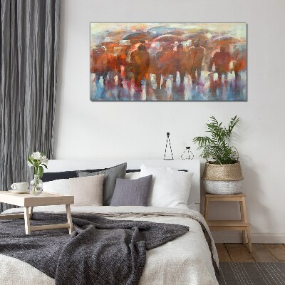 Rainy scene with umbrellas Glass Wall Art