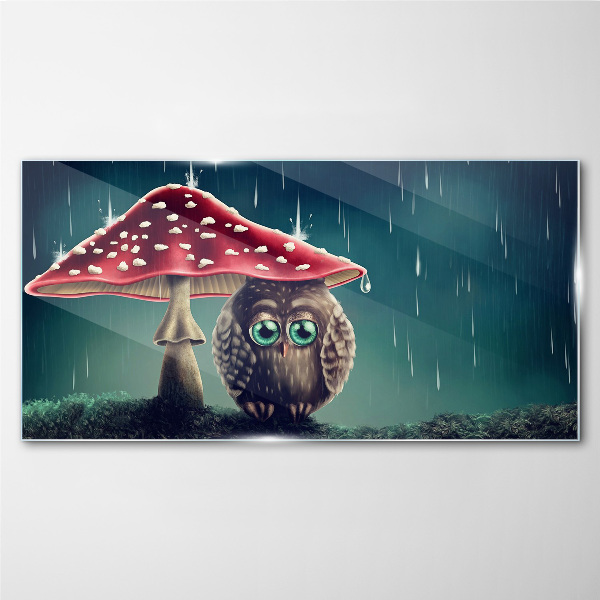 An Owl Under a Mushroom in the Rain Glass Wall Art