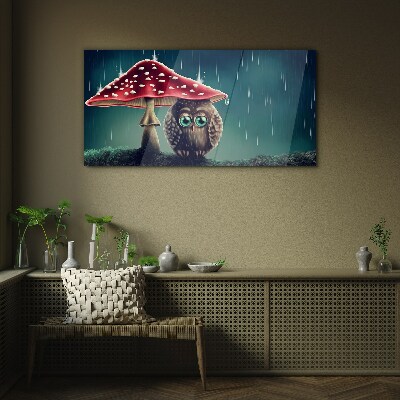 An Owl Under a Mushroom in the Rain Glass Wall Art