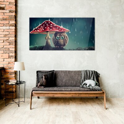 An Owl Under a Mushroom in the Rain Glass Wall Art