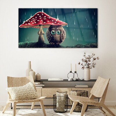 An Owl Under a Mushroom in the Rain Glass Wall Art