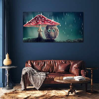 An Owl Under a Mushroom in the Rain Glass Wall Art