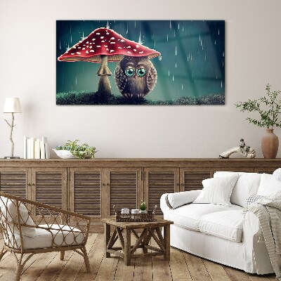 An Owl Under a Mushroom in the Rain Glass Wall Art