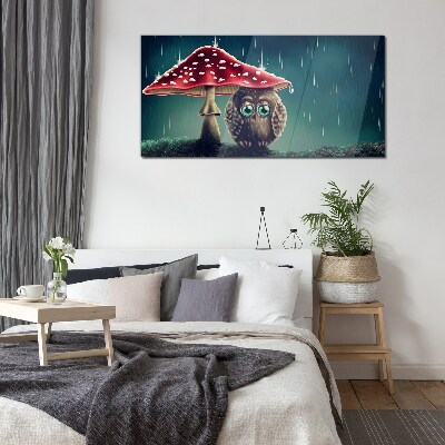 An Owl Under a Mushroom in the Rain Glass Wall Art