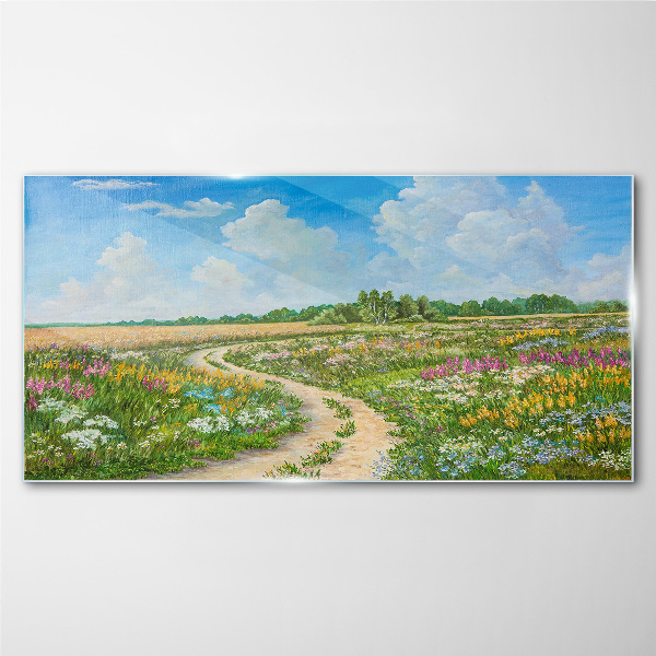 A flower path among the meadows Glass Wall Art