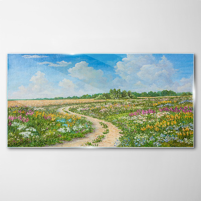 A flower path among the meadows Glass Wall Art
