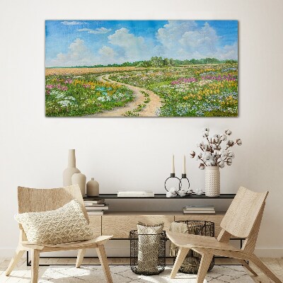 A flower path among the meadows Glass Wall Art