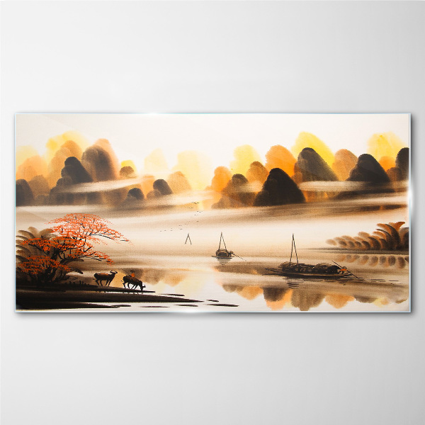 A peaceful landscape with mountains and water Glass Wall Art