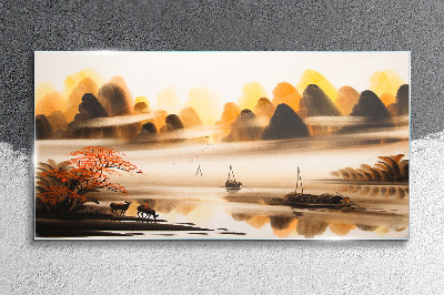 A peaceful landscape with mountains and water Glass Wall Art
