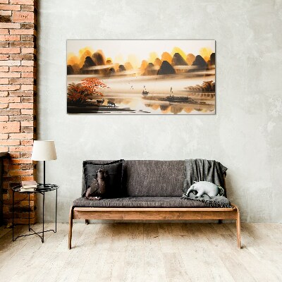 A peaceful landscape with mountains and water Glass Wall Art