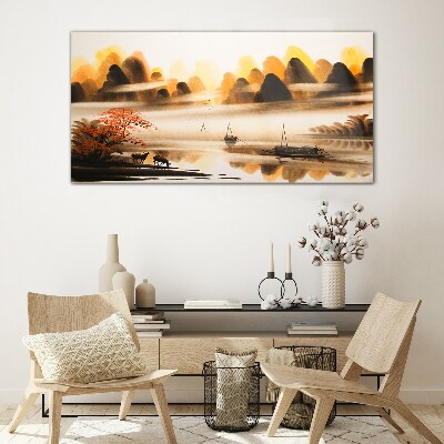 A peaceful landscape with mountains and water Glass Wall Art