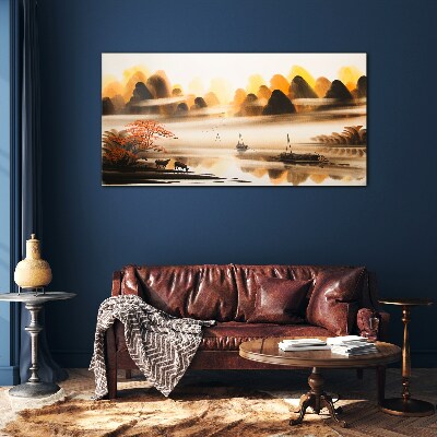 A peaceful landscape with mountains and water Glass Wall Art